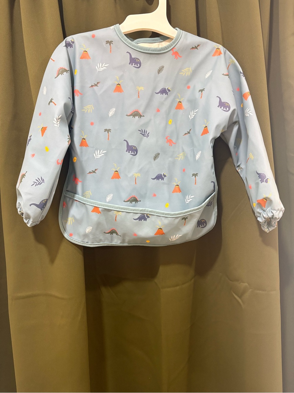 cloud island Light Blue Dino Print Long-Sleeve Bib Smock